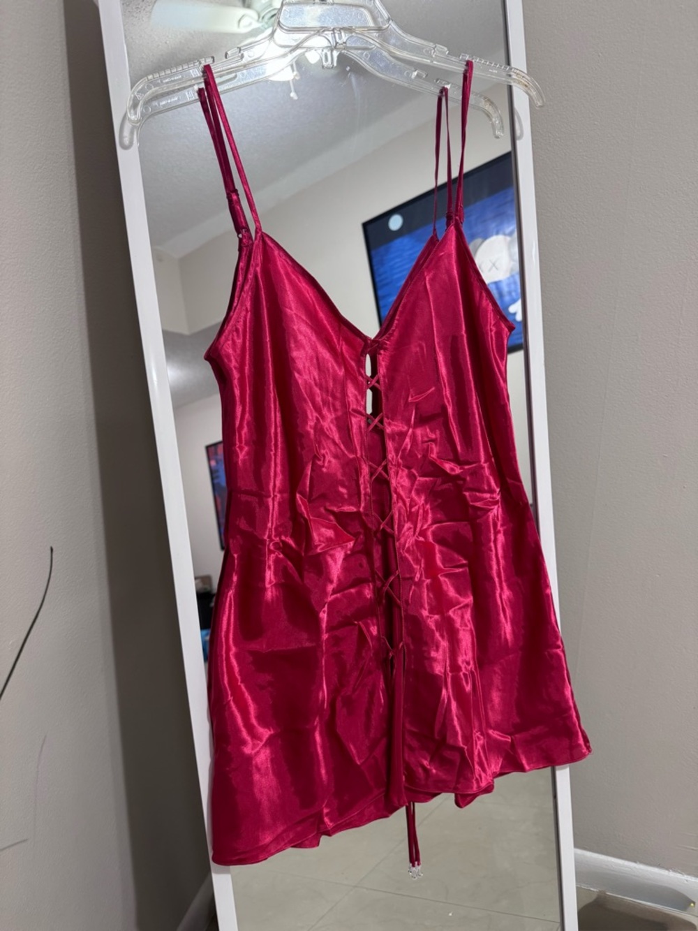 La Senza Red Satin Lace Up Slip Dress Medium